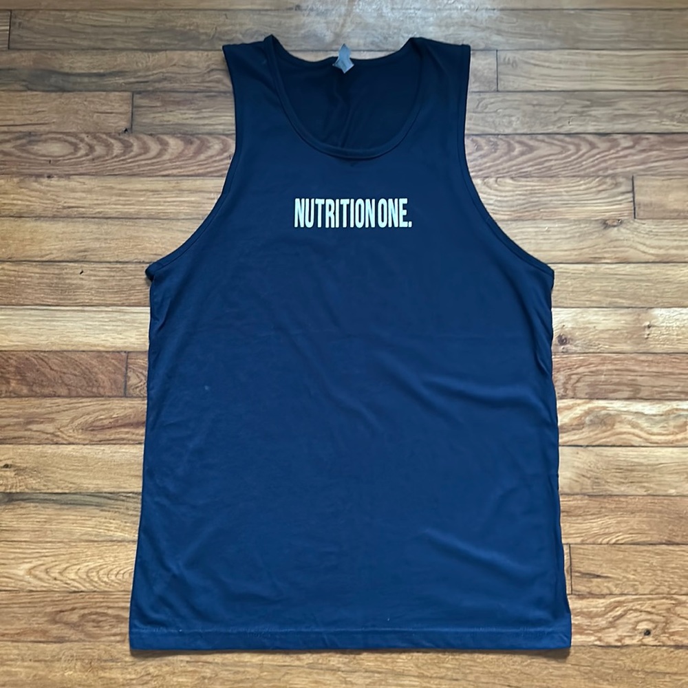 Nutrition One supplement company tank top. Large. Blue.